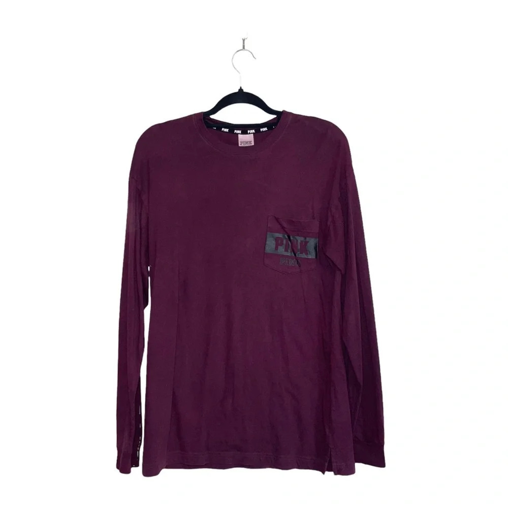 PINK Victoria’s Secret Campus Tee Maroon Black Logo Oversized Long Sleeve Xsmall